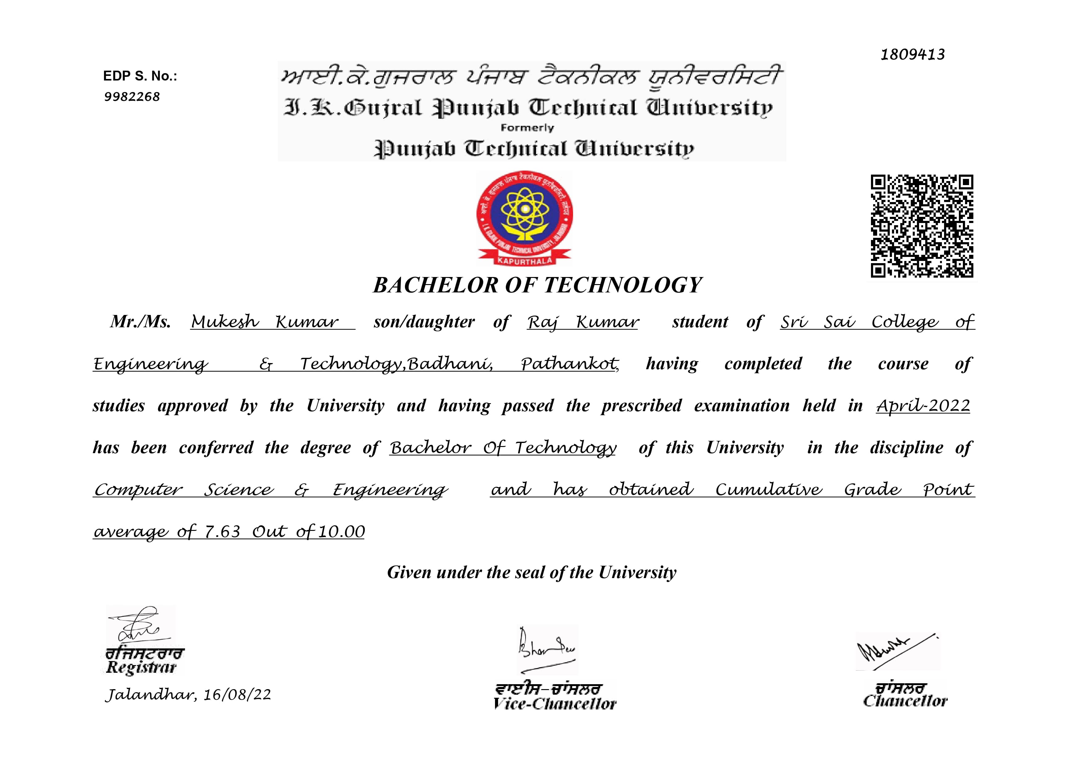 Bachelor of Technology in CSE